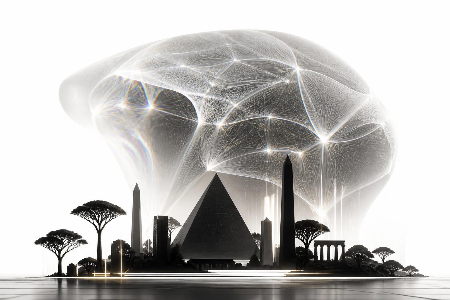 Futuristic neural mesh rising over African architectural silhouette